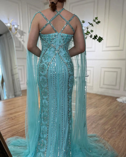 Serene Hill Arabic Luxury   Dubai Mermaid Blue Cape Sleeves Beaded Evening Dresses Gowns  2024 For Women Party LA71905a