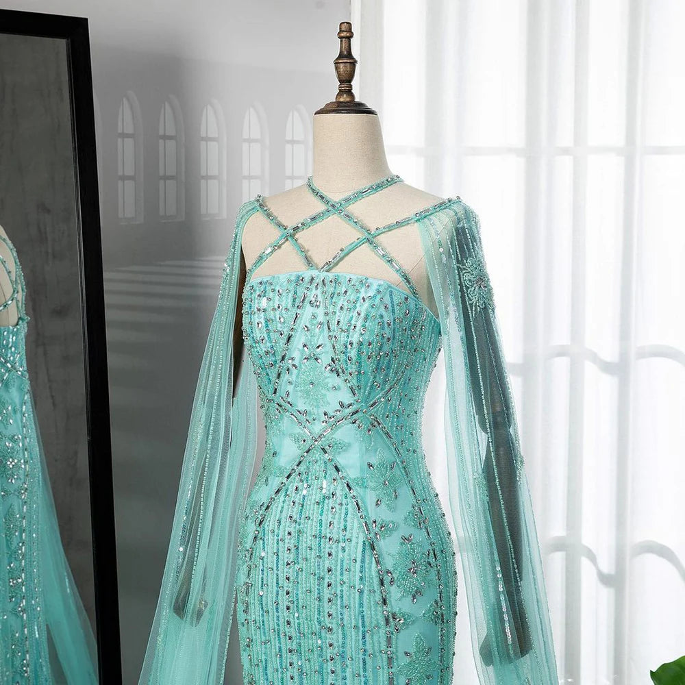 Serene Hill Arabic Luxury   Dubai Mermaid Blue Cape Sleeves Beaded Evening Dresses Gowns  2024 For Women Party LA71905a