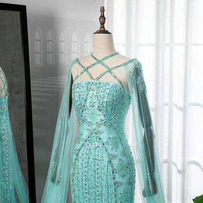 Serene Hill Arabic Luxury   Dubai Mermaid Blue Cape Sleeves Beaded Evening Dresses Gowns  2024 For Women Party LA71905a