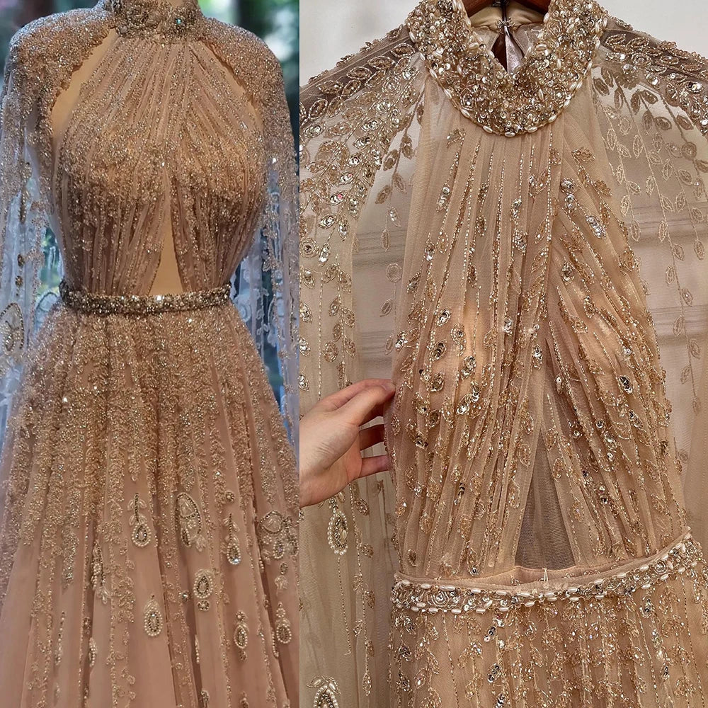 Serene Hill Dubai Arabic Luxury Nude A Line Beaded Evening Dresses With Cape Sleeves Gowns For Women  Wedding Party 2024 LA71803