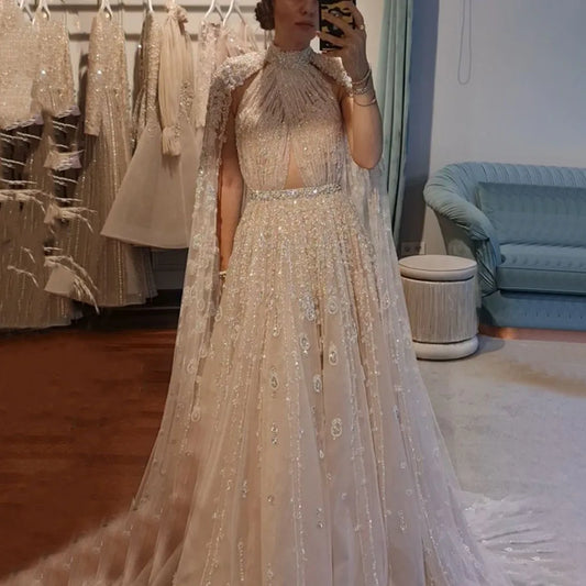 Serene Hill Dubai Arabic Luxury Nude A Line Beaded Evening Dresses With Cape Sleeves Gowns For Women  Wedding Party 2024 LA71803