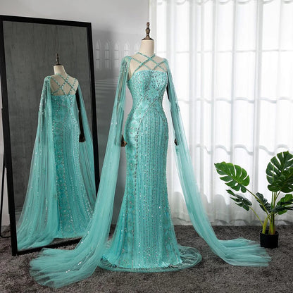 Serene Hill Arabic Luxury   Dubai Mermaid Blue Cape Sleeves Beaded Evening Dresses Gowns  2024 For Women Party LA71905a