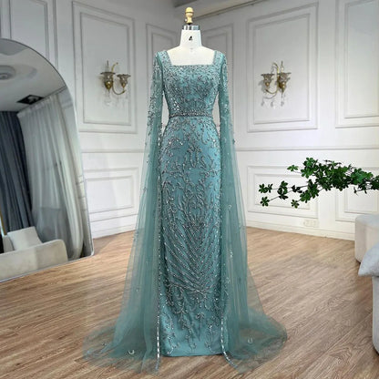 Serene Hill 2024 turquoise with Beaded Cape Sleeves Design Mermaid Long Evening Dresses Gowns for Women's Wedding Party LA72400