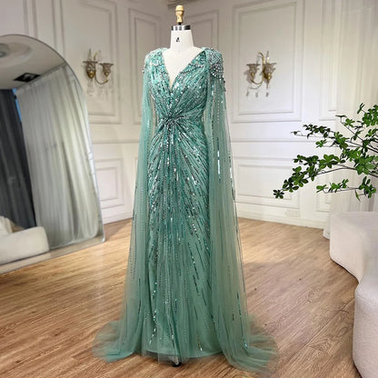 Serene Hill Turquoise Mermaid Evening Dresses Gowns 2024 with Beaded  With Cape for Women's Wedding Party LA72168A