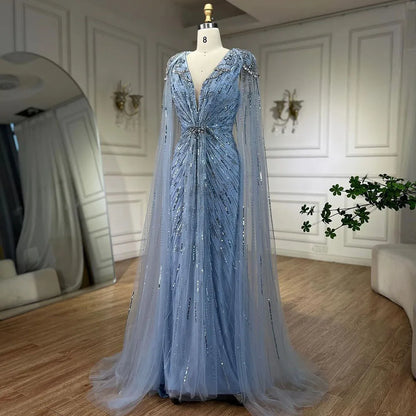 Serene Hill Turquoise Mermaid Evening Dresses Gowns 2024 with Beaded  With Cape for Women's Wedding Party LA72168A