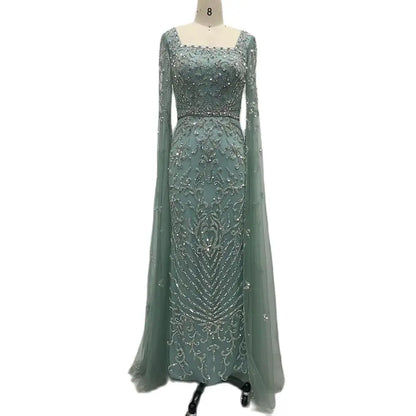 Serene Hill 2024 turquoise with Beaded Cape Sleeves Design Mermaid Long Evening Dresses Gowns for Women's Wedding Party LA72400