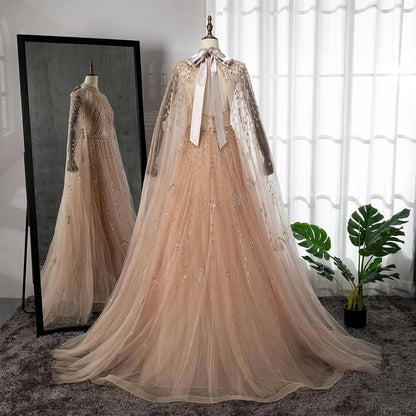 Serene Hill Dubai Arabic Luxury Nude A Line Beaded Evening Dresses With Cape Sleeves Gowns For Women  Wedding Party 2024 LA71803