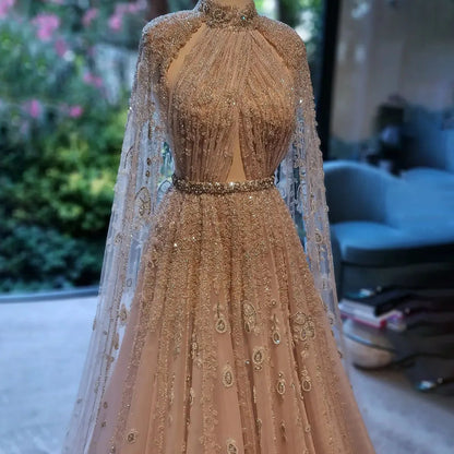 Serene Hill Dubai Arabic Luxury Nude A Line Beaded Evening Dresses With Cape Sleeves Gowns For Women  Wedding Party 2024 LA71803