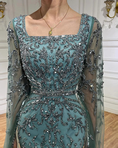 Serene Hill 2024 turquoise with Beaded Cape Sleeves Design Mermaid Long Evening Dresses Gowns for Women's Wedding Party LA72400