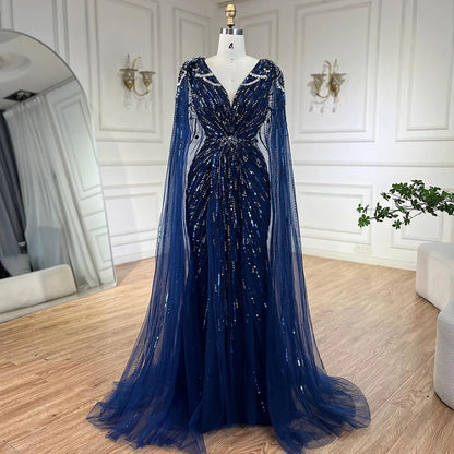 Serene Hill Turquoise Mermaid Evening Dresses Gowns 2024 with Beaded  With Cape for Women's Wedding Party LA72168A