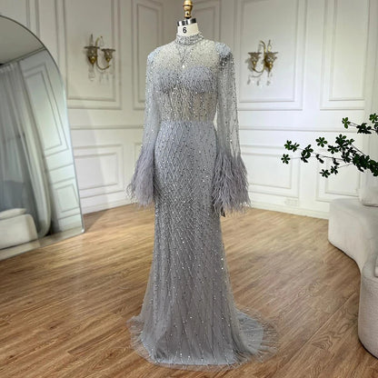 Serene Hill 2024 Women Wedding Party Dubai Gowns Nude Illusion Cut Out Lace Beaded Feathers Mermaid Long Evening Dresses LA72394