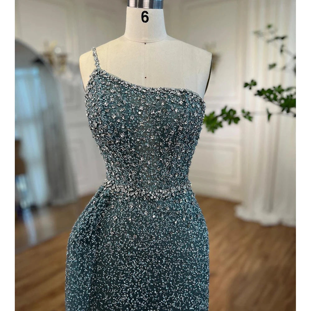 Serene Hill Turquoise Mermaid One Shoulder With Overskirt Beaded Evening Dresses Gowns 2024 For Women Wedding Party LA72144