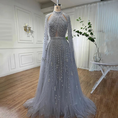 Serene Hill Dubai Arabic Luxury Nude A Line Beaded Evening Dresses With Cape Sleeves Gowns For Women  Wedding Party 2024 LA71803