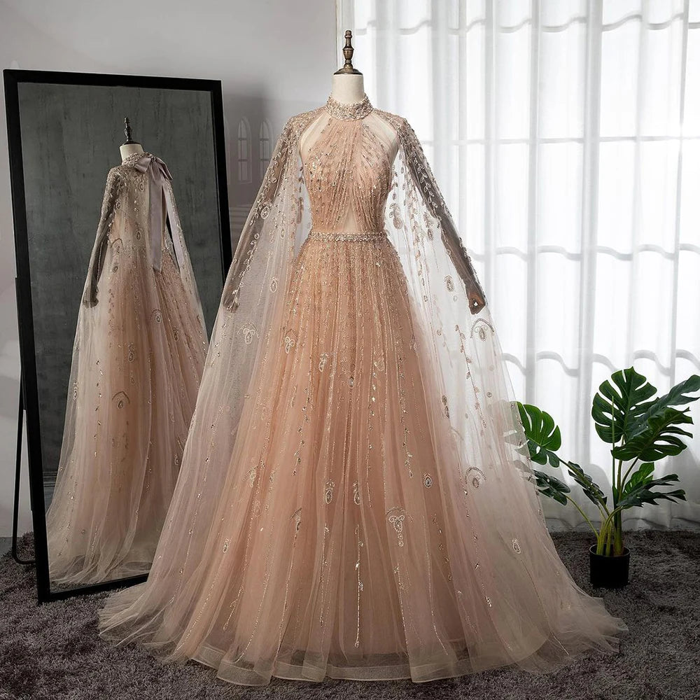 Serene Hill Dubai Arabic Luxury Nude A Line Beaded Evening Dresses With Cape Sleeves Gowns For Women  Wedding Party 2024 LA71803