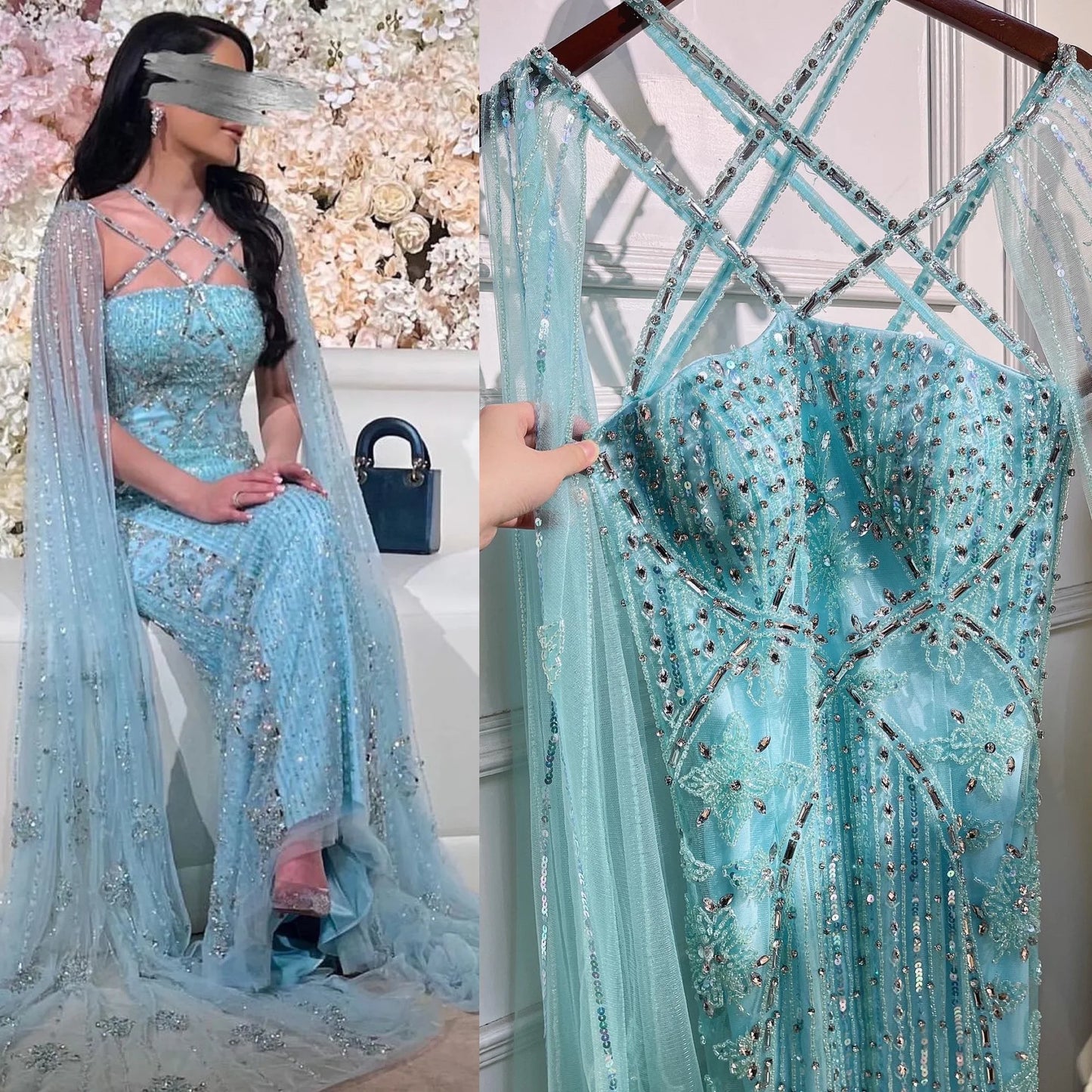 Serene Hill Arabic Luxury   Dubai Mermaid Blue Cape Sleeves Beaded Evening Dresses Gowns  2024 For Women Party LA71905a