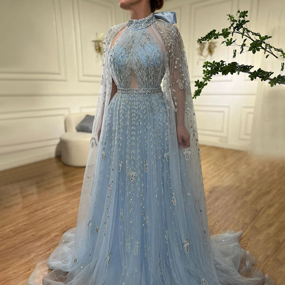 Serene Hill Dubai Arabic Luxury Nude A Line Beaded Evening Dresses With Cape Sleeves Gowns For Women  Wedding Party 2024 LA71803