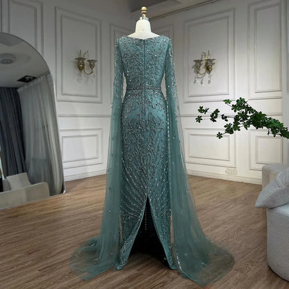 Serene Hill 2024 turquoise with Beaded Cape Sleeves Design Mermaid Long Evening Dresses Gowns for Women's Wedding Party LA72400