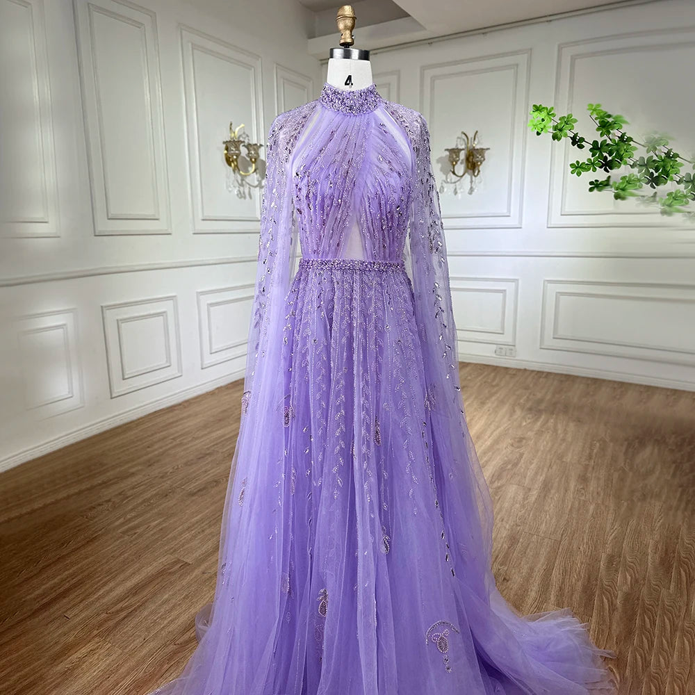 Serene Hill Dubai Arabic Luxury Nude A Line Beaded Evening Dresses With Cape Sleeves Gowns For Women  Wedding Party 2024 LA71803