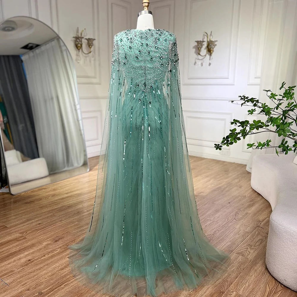 Serene Hill Turquoise Mermaid Evening Dresses Gowns 2024 with Beaded  With Cape for Women's Wedding Party LA72168A