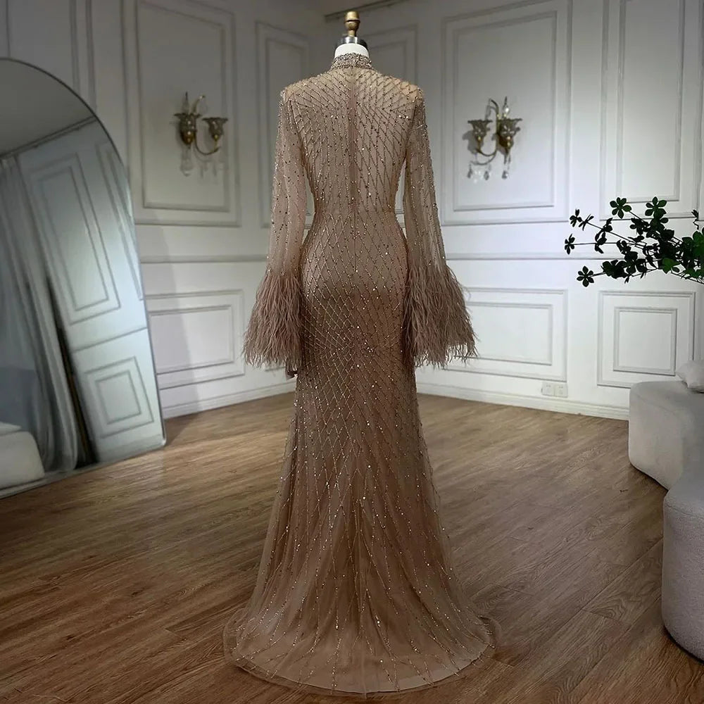 Serene Hill 2024 Women Wedding Party Dubai Gowns Nude Illusion Cut Out Lace Beaded Feathers Mermaid Long Evening Dresses LA72394