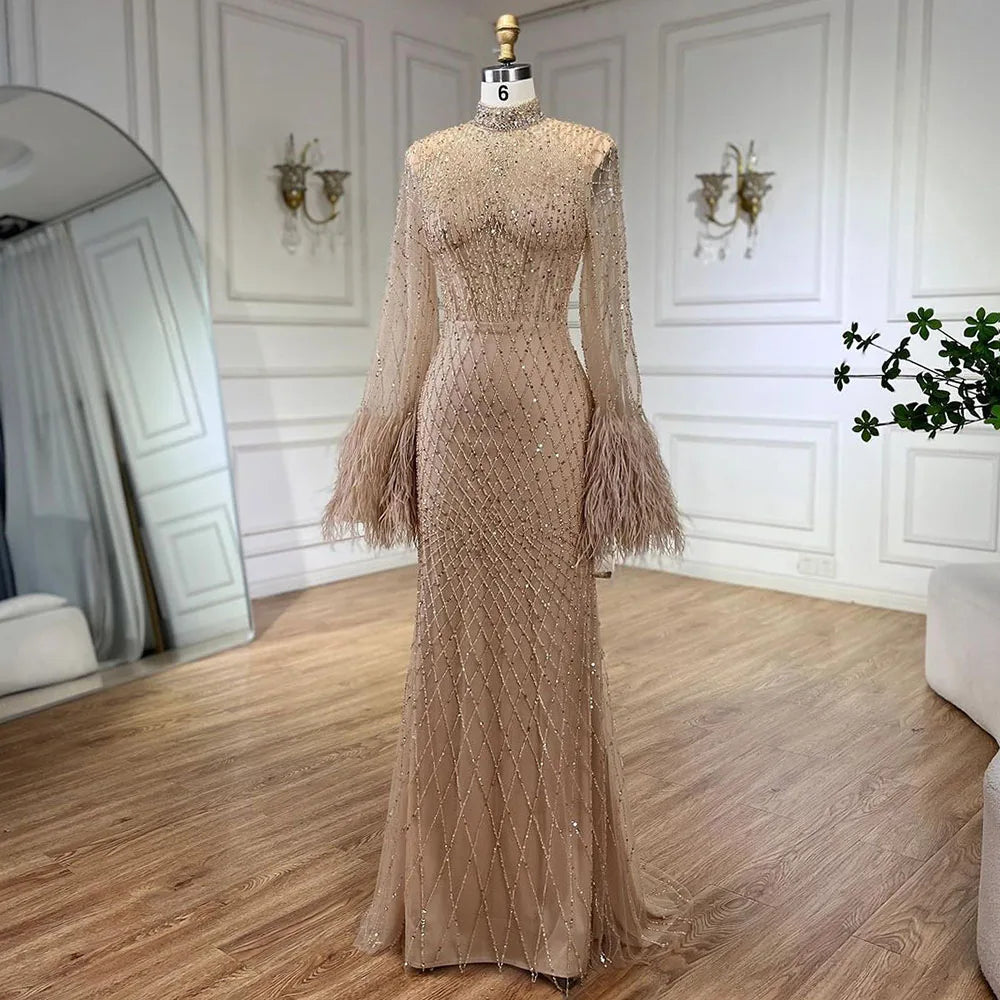 Serene Hill 2024 Women Wedding Party Dubai Gowns Nude Illusion Cut Out Lace Beaded Feathers Mermaid Long Evening Dresses LA72394