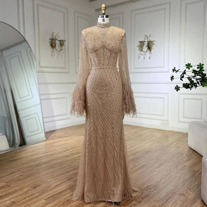 Serene Hill 2024 Women Wedding Party Dubai Gowns Nude Illusion Cut Out Lace Beaded Feathers Mermaid Long Evening Dresses LA72394