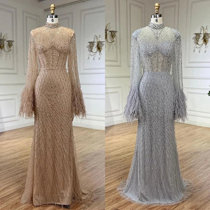 Serene Hill 2024 Women Wedding Party Dubai Gowns Nude Illusion Cut Out Lace Beaded Feathers Mermaid Long Evening Dresses LA72394