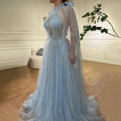 Serene Hill Dubai Arabic Luxury Nude A Line Beaded Evening Dresses With Cape Sleeves Gowns For Women  Wedding Party 2024 LA71803