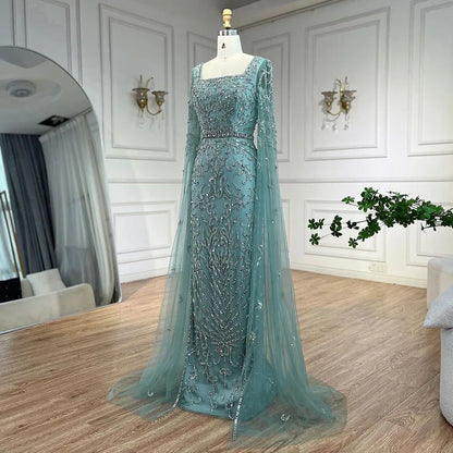 Serene Hill 2024 turquoise with Beaded Cape Sleeves Design Mermaid Long Evening Dresses Gowns for Women's Wedding Party LA72400