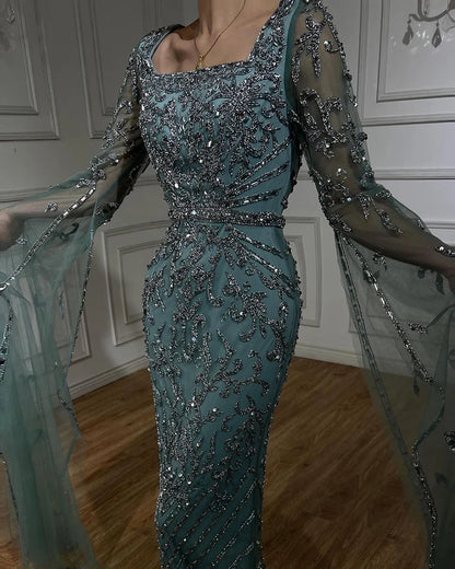 Serene Hill 2024 turquoise with Beaded Cape Sleeves Design Mermaid Long Evening Dresses Gowns for Women's Wedding Party LA72400