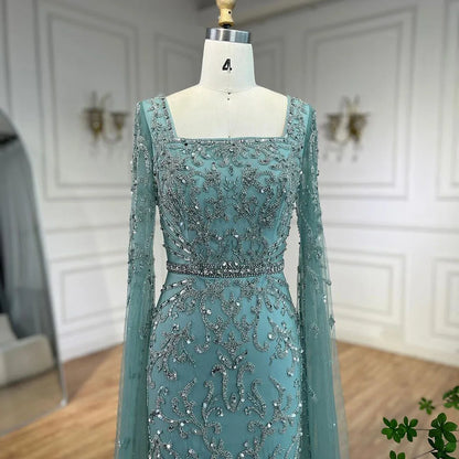 Serene Hill 2024 turquoise with Beaded Cape Sleeves Design Mermaid Long Evening Dresses Gowns for Women's Wedding Party LA72400