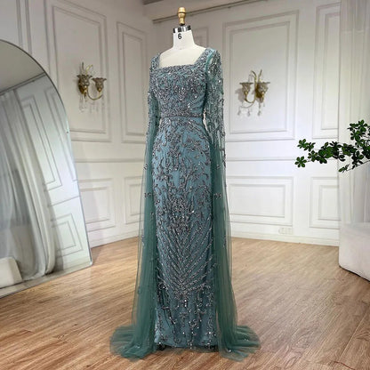 Serene Hill 2024 turquoise with Beaded Cape Sleeves Design Mermaid Long Evening Dresses Gowns for Women's Wedding Party LA72400