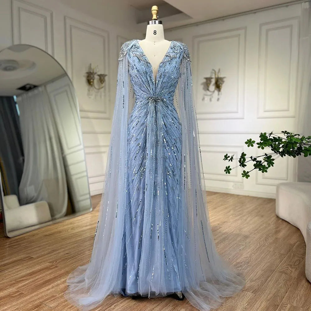 Serene Hill Turquoise Mermaid Evening Dresses Gowns 2024 with Beaded  With Cape for Women's Wedding Party LA72168A