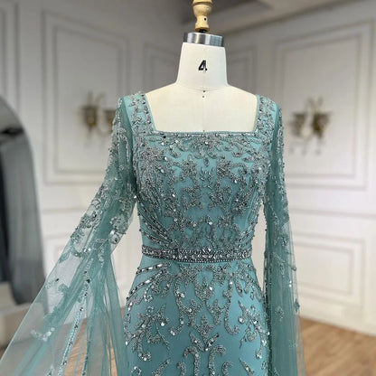 Serene Hill 2024 turquoise with Beaded Cape Sleeves Design Mermaid Long Evening Dresses Gowns for Women's Wedding Party LA72400