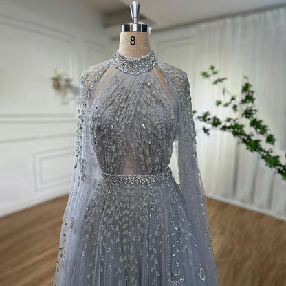 Serene Hill Dubai Arabic Luxury Nude A Line Beaded Evening Dresses With Cape Sleeves Gowns For Women  Wedding Party 2024 LA71803