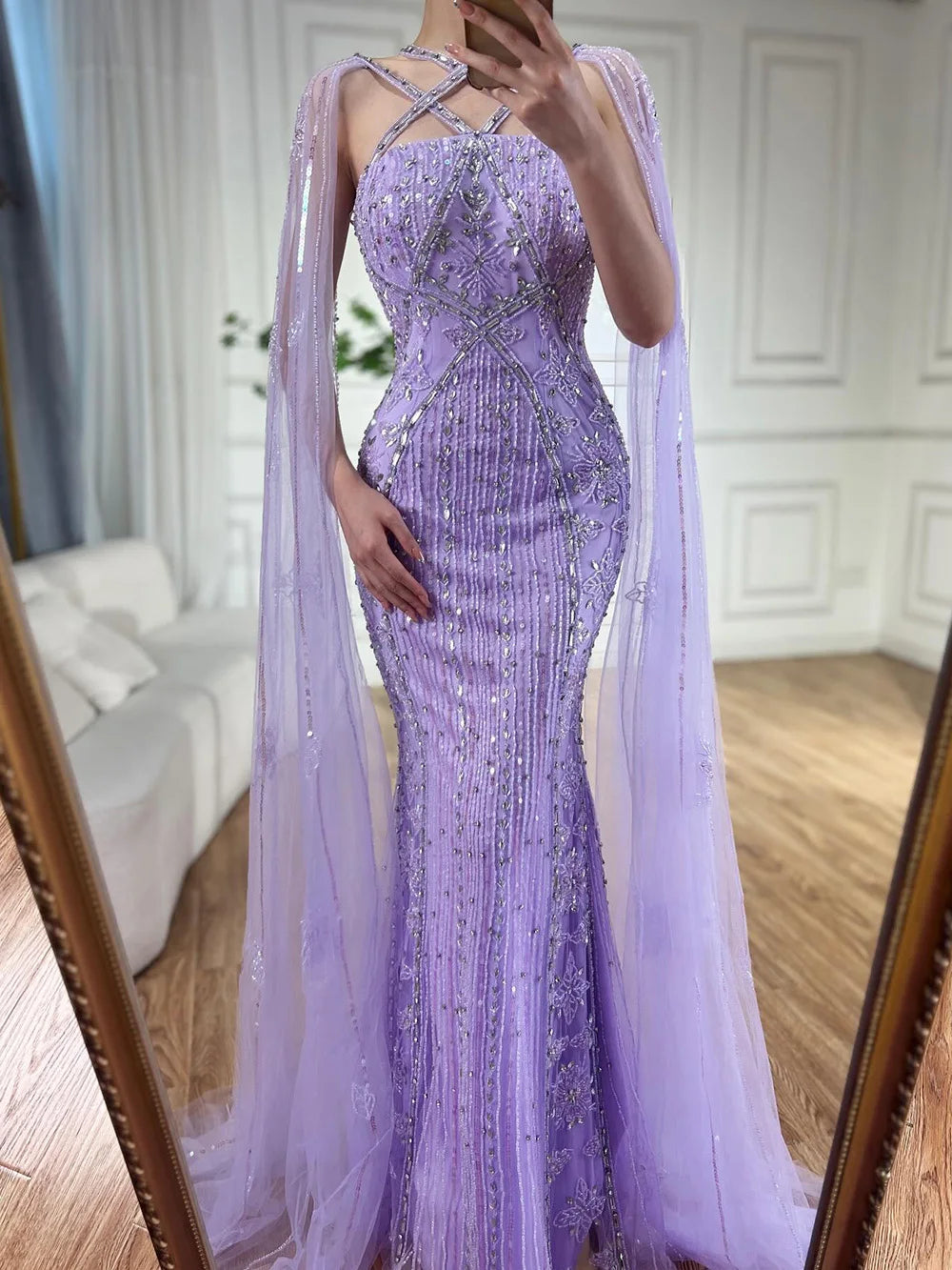 Serene Hill Arabic Luxury   Dubai Mermaid Blue Cape Sleeves Beaded Evening Dresses Gowns  2024 For Women Party LA71905a