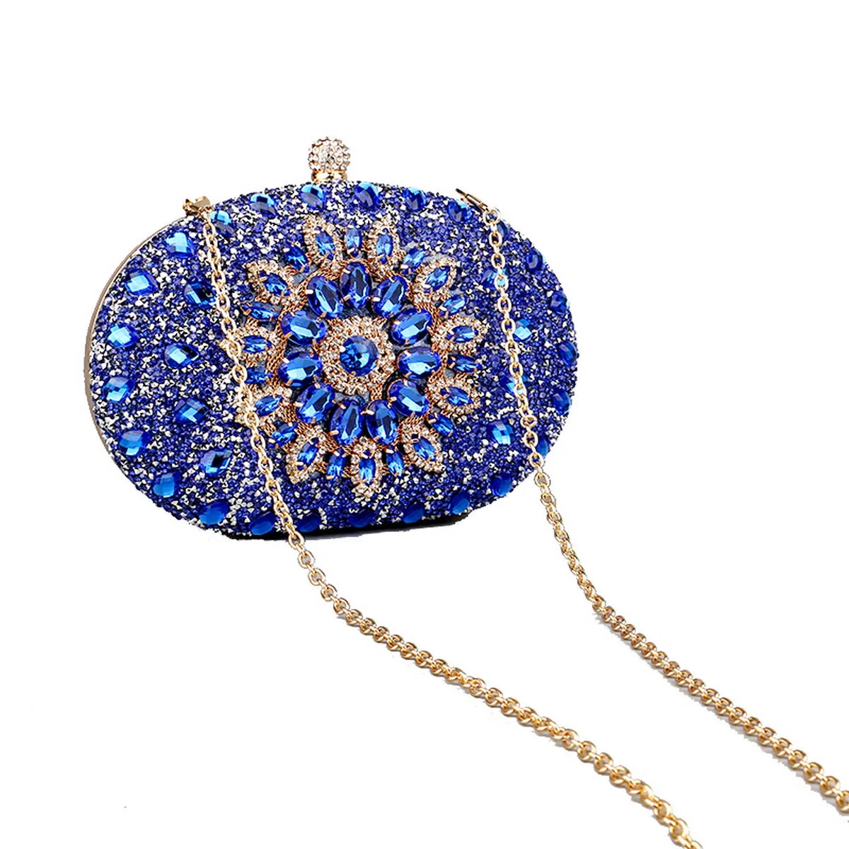 Clutch Feminina Circular com Flores e Diamantes - Bolsa de Festa com Alça