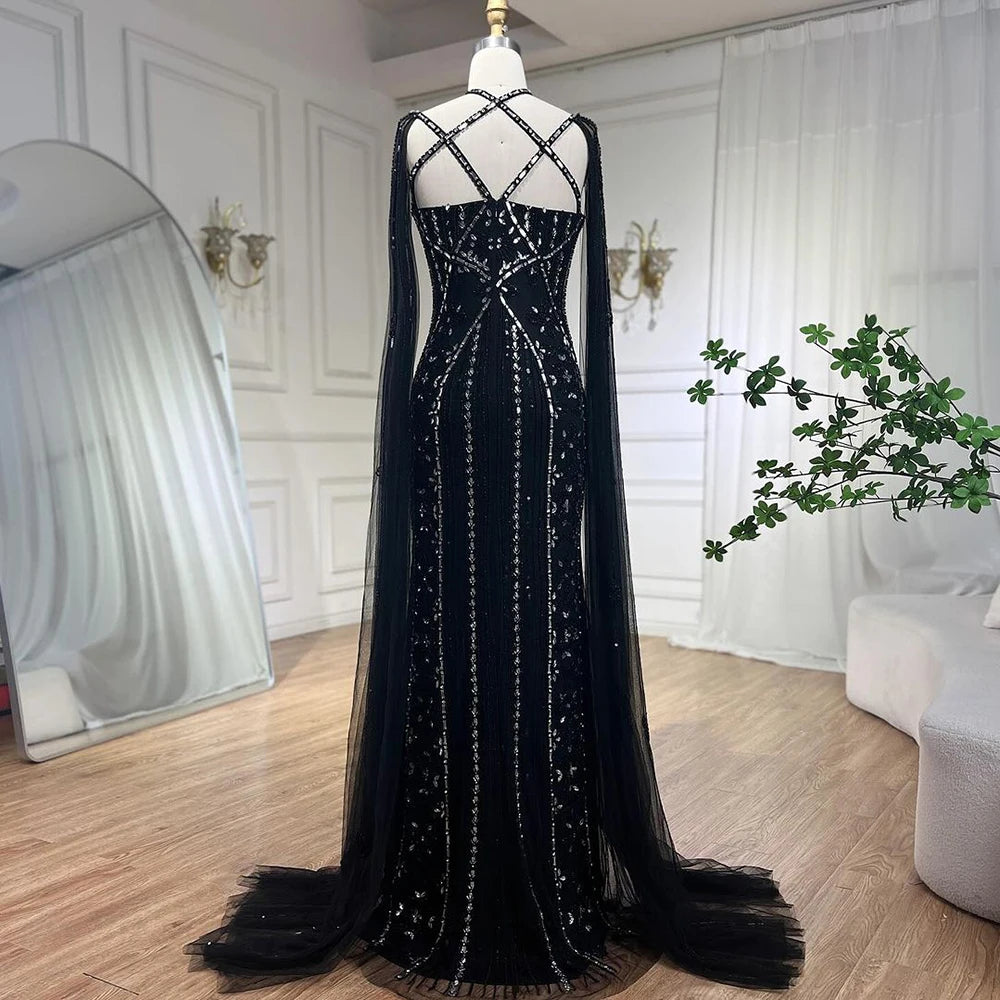 Serene Hill Arabic Luxury   Dubai Mermaid Blue Cape Sleeves Beaded Evening Dresses Gowns  2024 For Women Party LA71905a