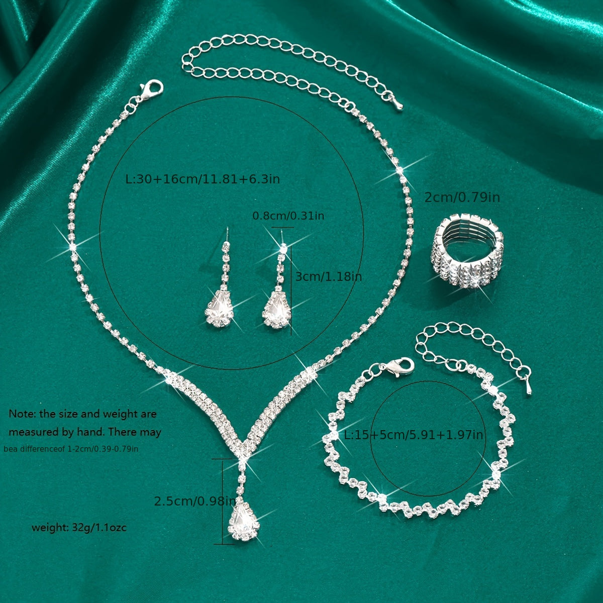 Conjunto de Joias Elegante com Brincos Pendentes, Colar, Pulseira e Anel - Prateado com Strass, Ideal para Festas