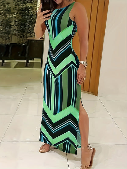 Vestido Longo Estampado Geométrico Sem Mangas - Maxi Dress Casual para Primavera/Verão