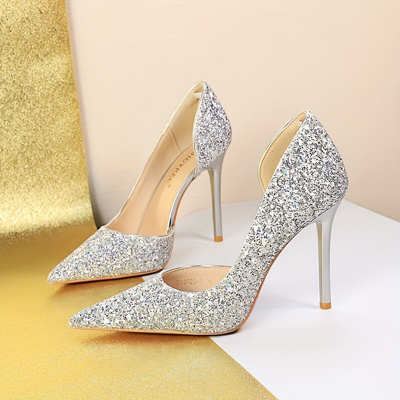 Women's Glitter Design Sexy Banquet High Heels, Elegant Point Toe Dress Pumps, Fashion Slip On Party Heels